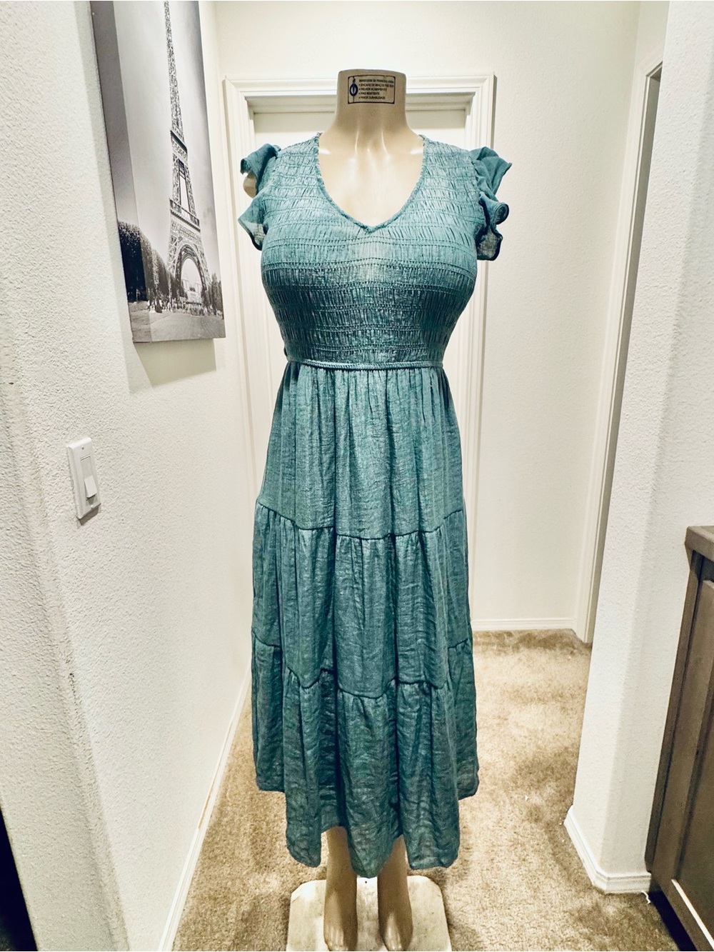 Sweet Wanderer Teal Smocked Maxi Dress with Ruffle Sleeves